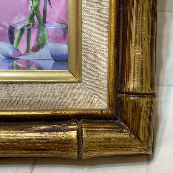 Vintage Gilded Bamboo Picture Frame with fabric matting - Picture 3 of 11